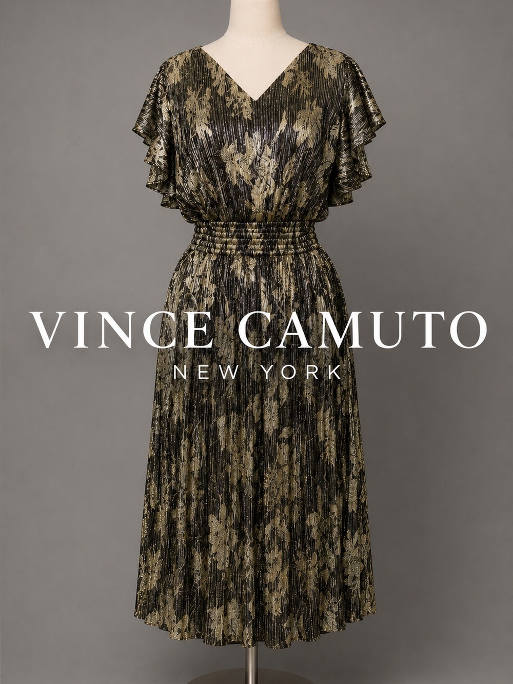 Vince Camuto Gold Black Floral Shimmer Pleated Midi Dress Size M